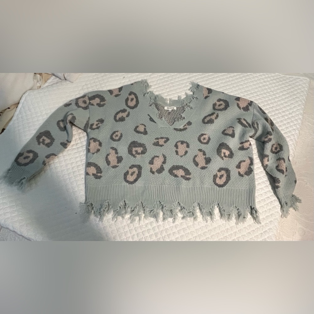 Miracle Leopard Print Fringe Sweater - Green and pink.Size S/M